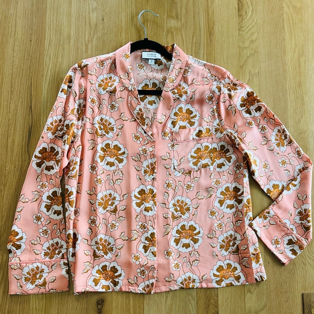 J. Crew Collection Floral Pink and Brown Silk Pajama-Style Shirt